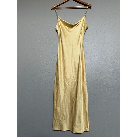 Express Yellow Satin Midi Slip Dress Womens Medium Cowl Neck - Picture 3 of 14